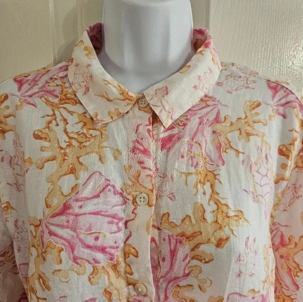 J. Jill Women M Love Linen Blouse Pink Orange Coral Print Pristine Investment - Picture 4 of 7